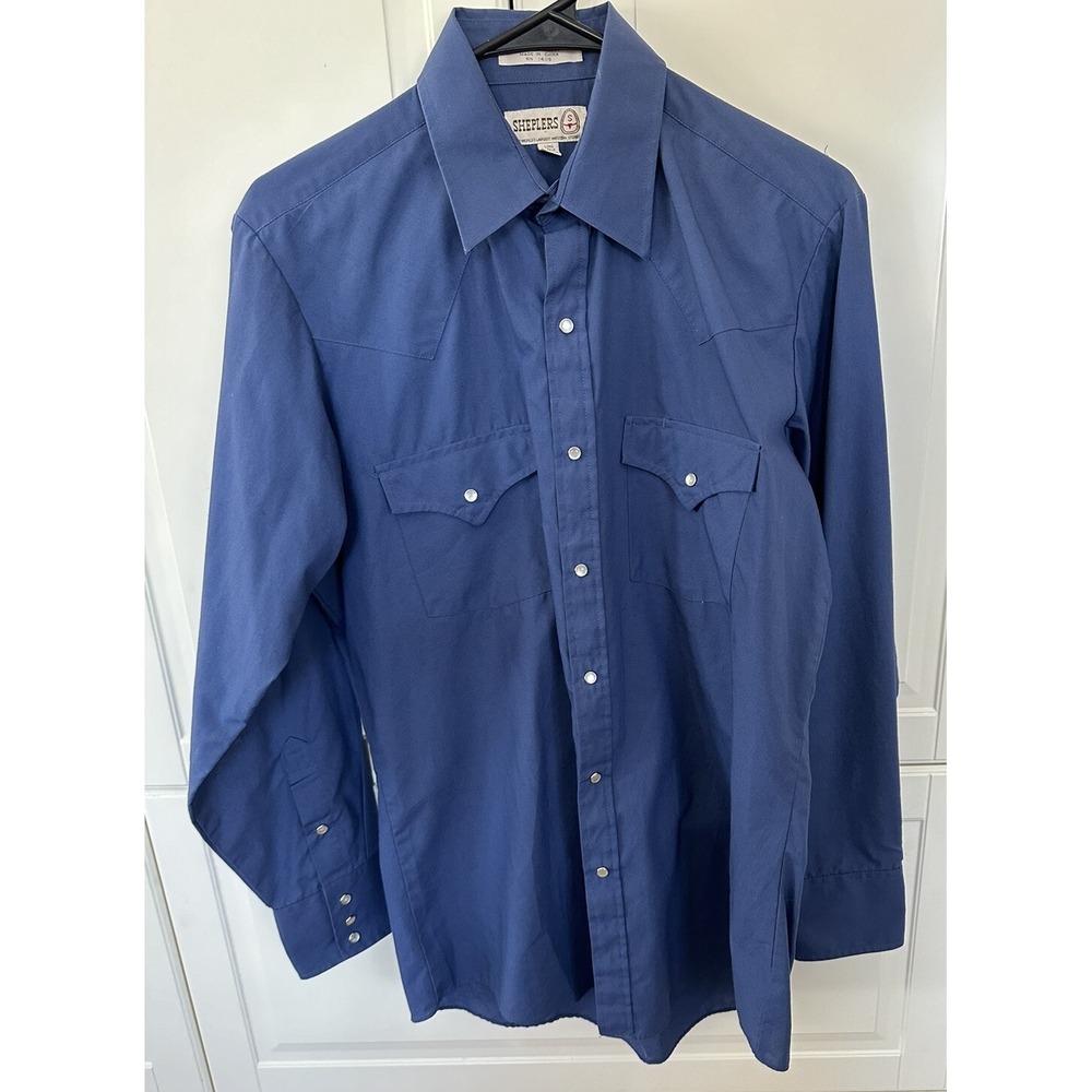 Vtg Sheplers Western Shirt Pearl Snap Mens Small 15-33 Blue Long Sleeve Pockets